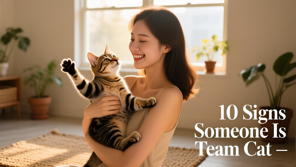 A person smiling warmly while holding a playful kitten, both making eye contact