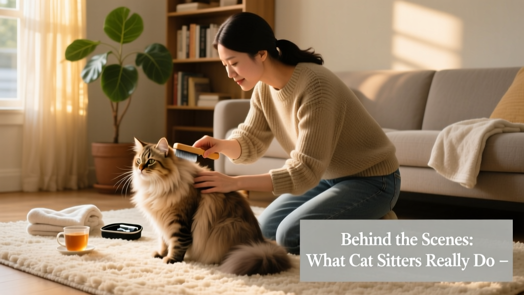 A cat sitter carefully brushing a long-haired cat on a cozy rug.