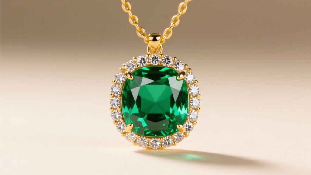 Close-up of a vivid green Colombian emerald surrounded by a micro-pave diamond halo, hanging from a delicate 18k yellow gold chain.