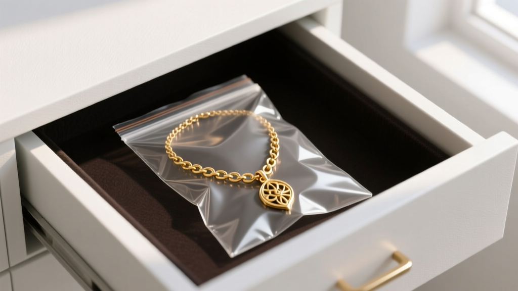 Organized jewelry drawer showing a gold-tone necklace sealed in a clear polyethylene bag with a dark anti-tarnish strip inside.