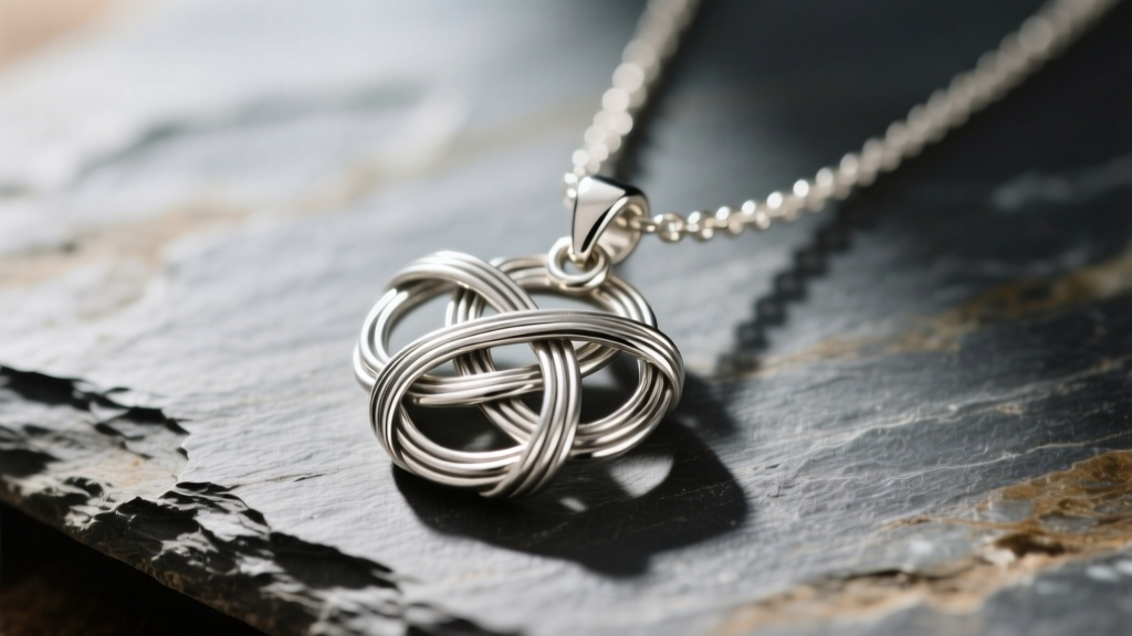 Macro shot of a hand-woven sterling silver Algerian love knot necklace pendant on slate, showing intricate wire loops and deep shadows