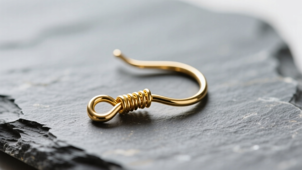 Macro shot of a 20-gauge gold-filled French wire hanger earring on slate, highlighting the delicate hook curve and soldered loop.