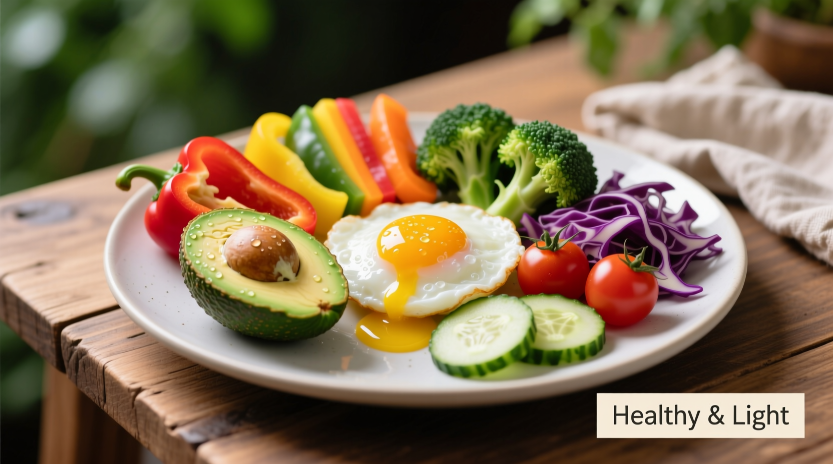 Colorful plate of weight loss friendly foods including eggs, avocado, and vegetables