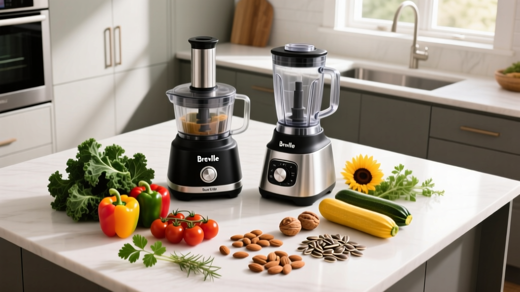 Overhead shot of a kitchen island featuring the Breville Sous Chef food processor and Beast Blender surrounded by fresh vegetables and nuts