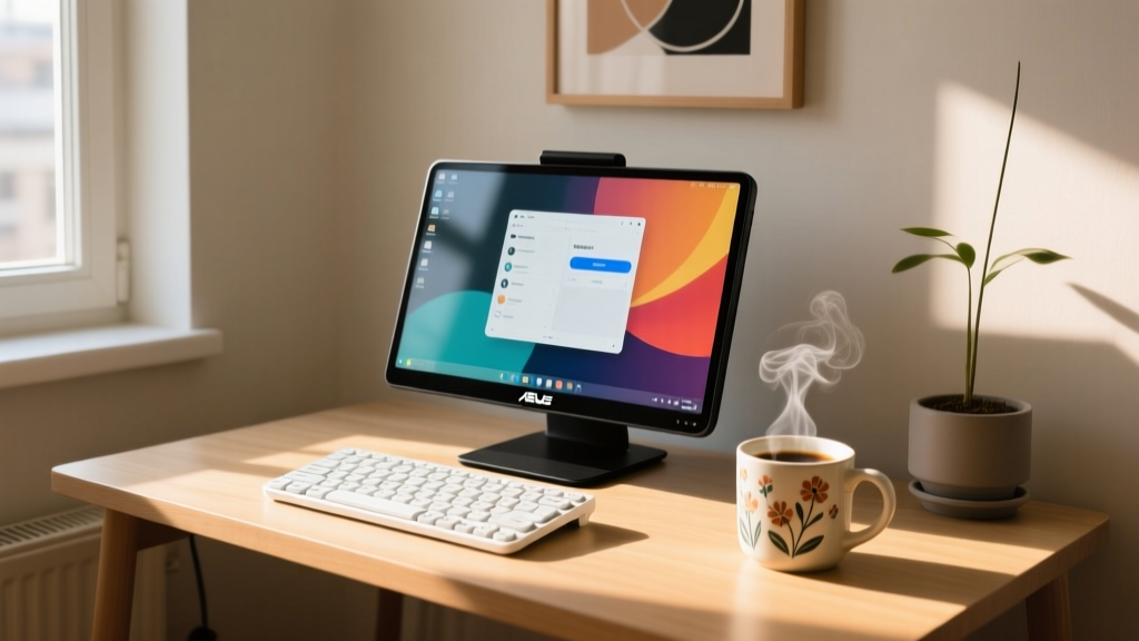 Sunlit small apartment desk featuring an ASUS ZenScreen portable OLED monitor and Logitech MX Keys Mini keyboard next to a steaming cup of coffee