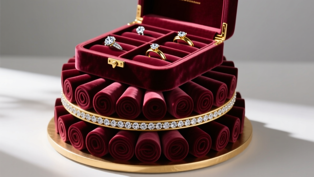 Top tier of a jewelry box cake featuring velvet ring rolls and divided sections for diamond studs and delicate gold bands.