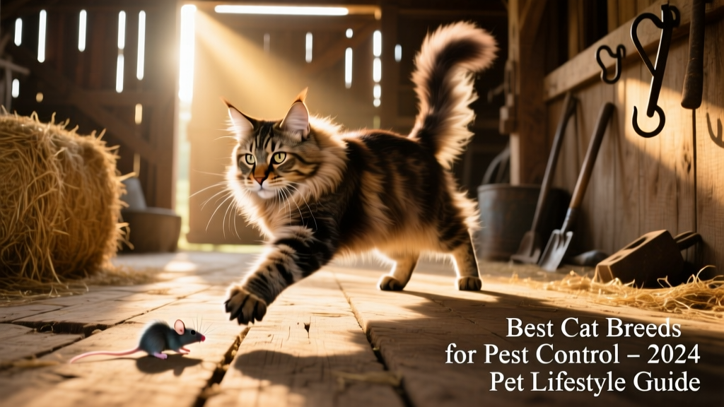 Maine Coon cat mid-pounce in a sunlit barn aisle, eyes locked on a toy mouse