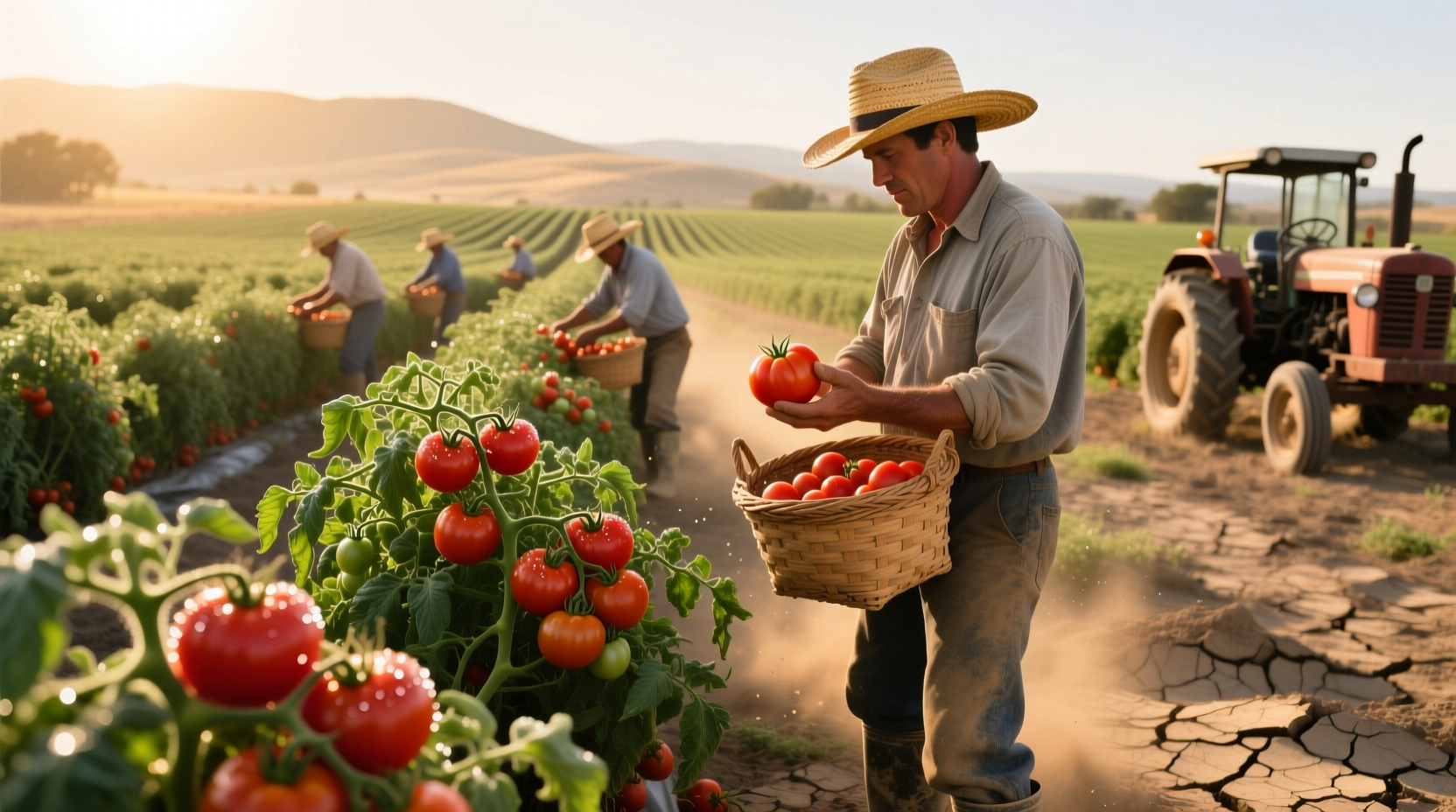 Tomato harvesting operation in California field