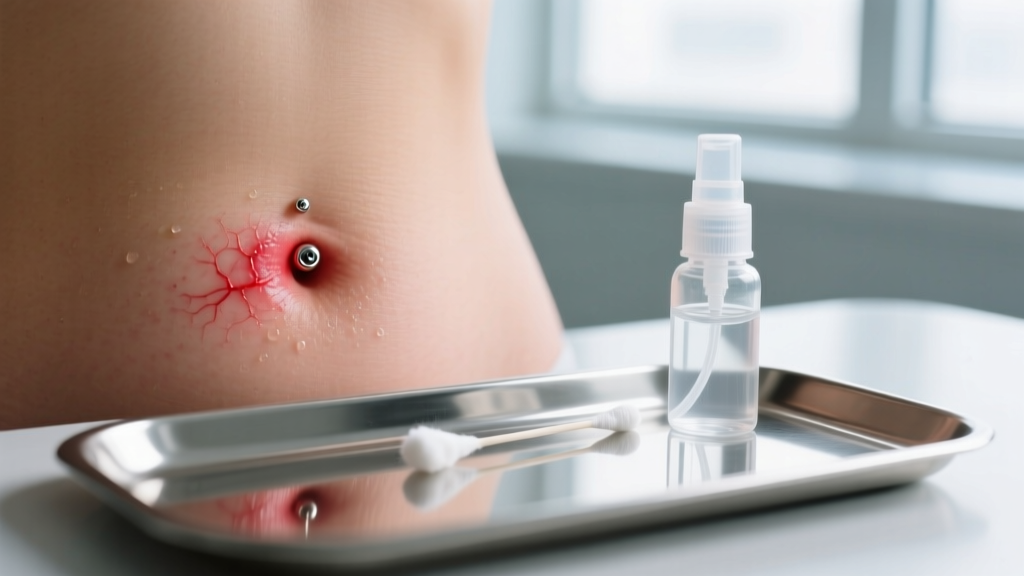 Close-up photo of a small red irritation bump near a navel piercing, with a cotton swab and saline spray bottle on a steel tray.