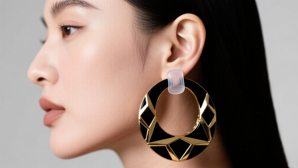 Side profile showing heavy black and gold hoop earrings, with a clear silicone earlobe support patch preventing lobe stretching.