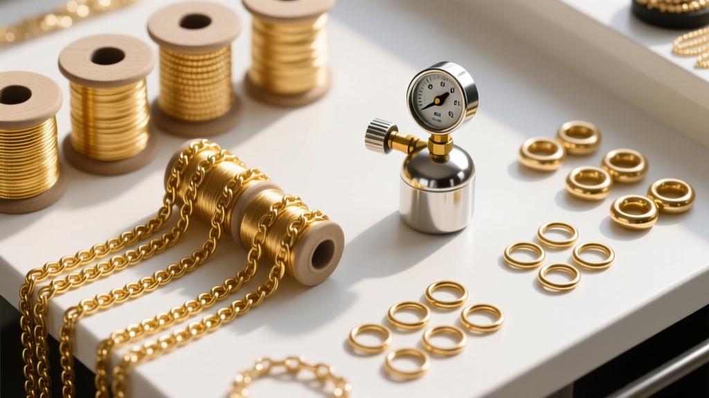 Top-down view of a jewelry desk with spools of gold-filled chain, brass jump rings, and a small argon gas tank regulator dial