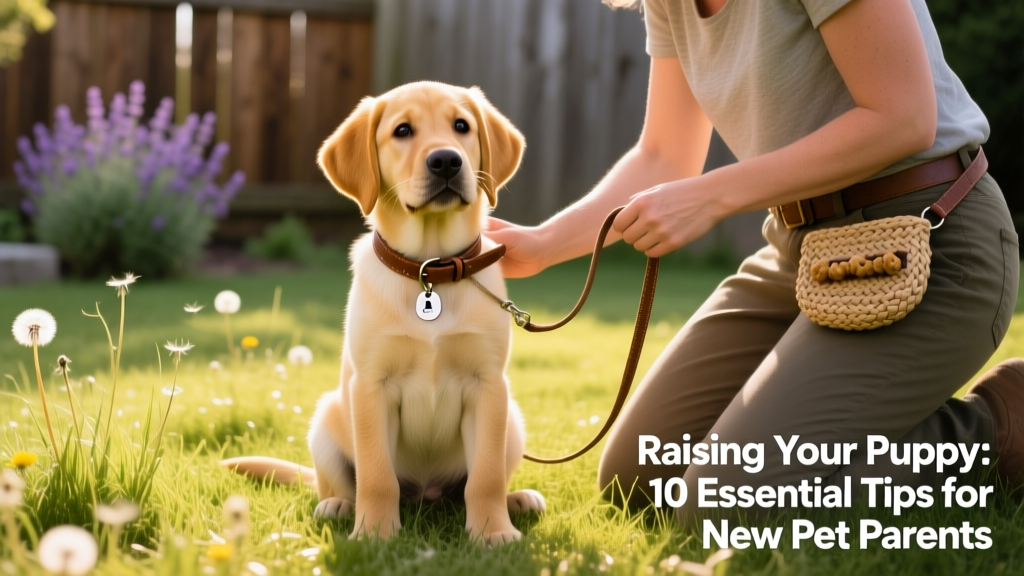A young Labrador puppy sitting attentively beside its owner on a grassy backyard lawn, with a leash and treat pouch visible