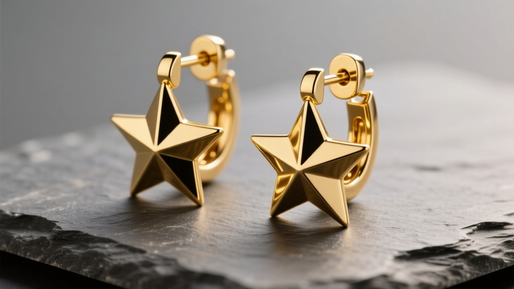14k yellow gold star hoop earrings on slate, showing sharp star points and a polished latch clasp under warm studio lighting.