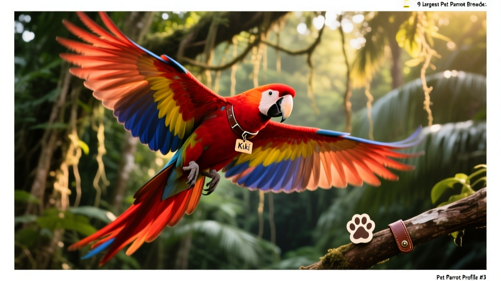 Scarlet Macaw in mid-flight, showcasing vivid red, yellow, and blue wing feathers against a tropical backdrop