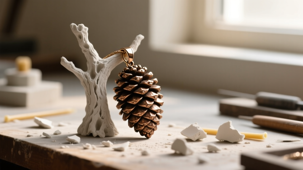 Jeweler workbench showing a raw bronze pinecone pendant freshly removed from its casting tree, with investment plaster debris nearby.