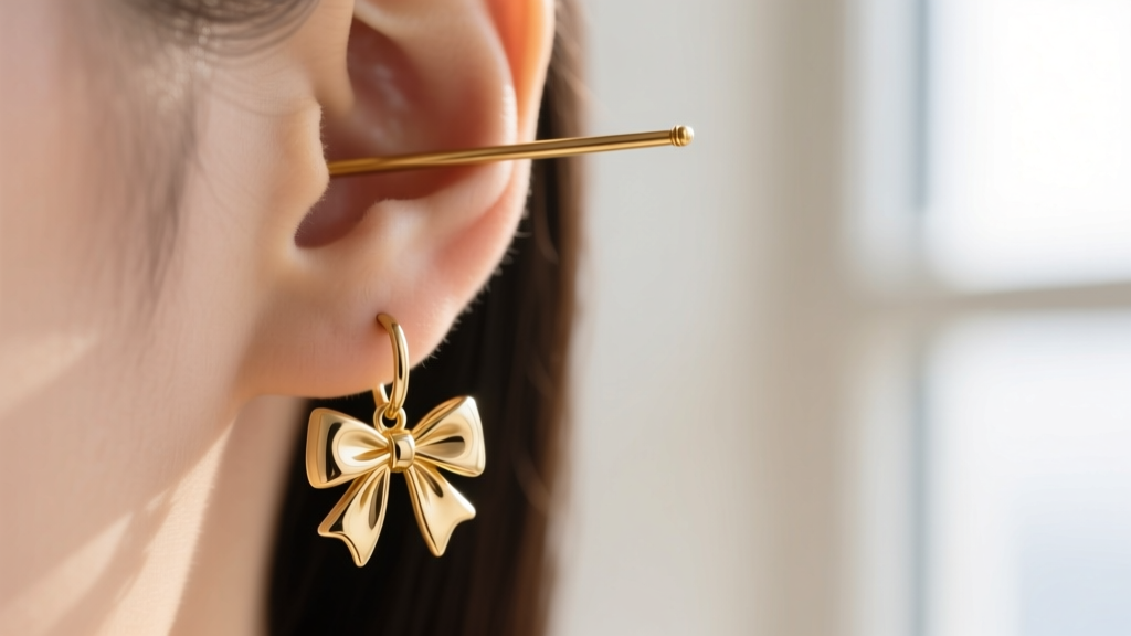 Technical close-up of a 20-gauge gold ear wire passing through a lobe piercing, paired with a delicate gold bow drop earring.