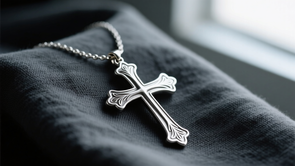 Close-up of a modest silver-plated iron pectoral cross necklace resting on dark charcoal linen, soft natural window lighting.