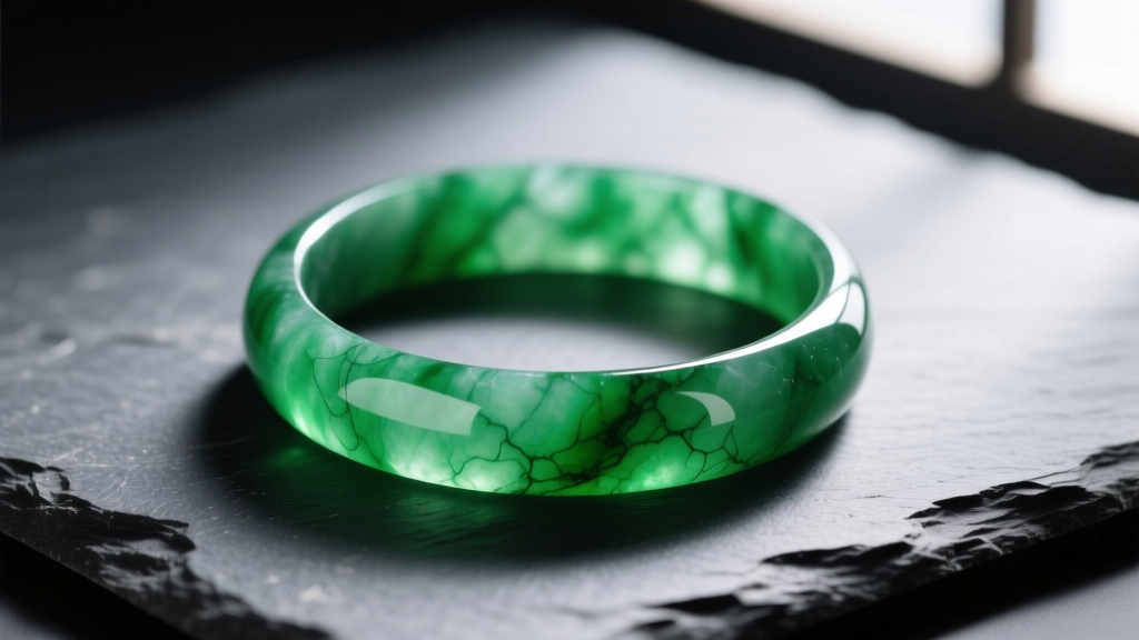 Vibrant emerald-green imperial jadeite bangle on dark slate, lit softly to reveal internal clarity and rich color depth.