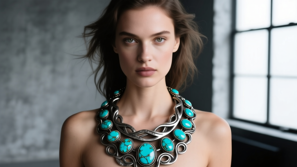 Model wearing heavy oxidized silver and turquoise American showcase statement necklace against a moody, minimalist studio background.