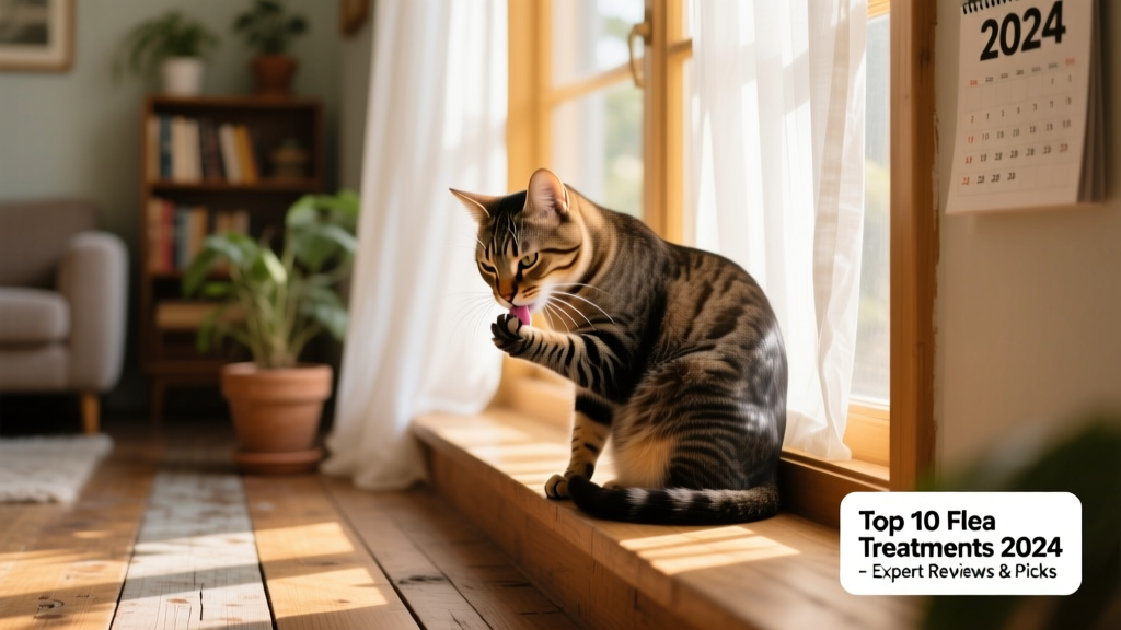 A calm, healthy cat sitting on a sunlit windowsill, grooming its fur
