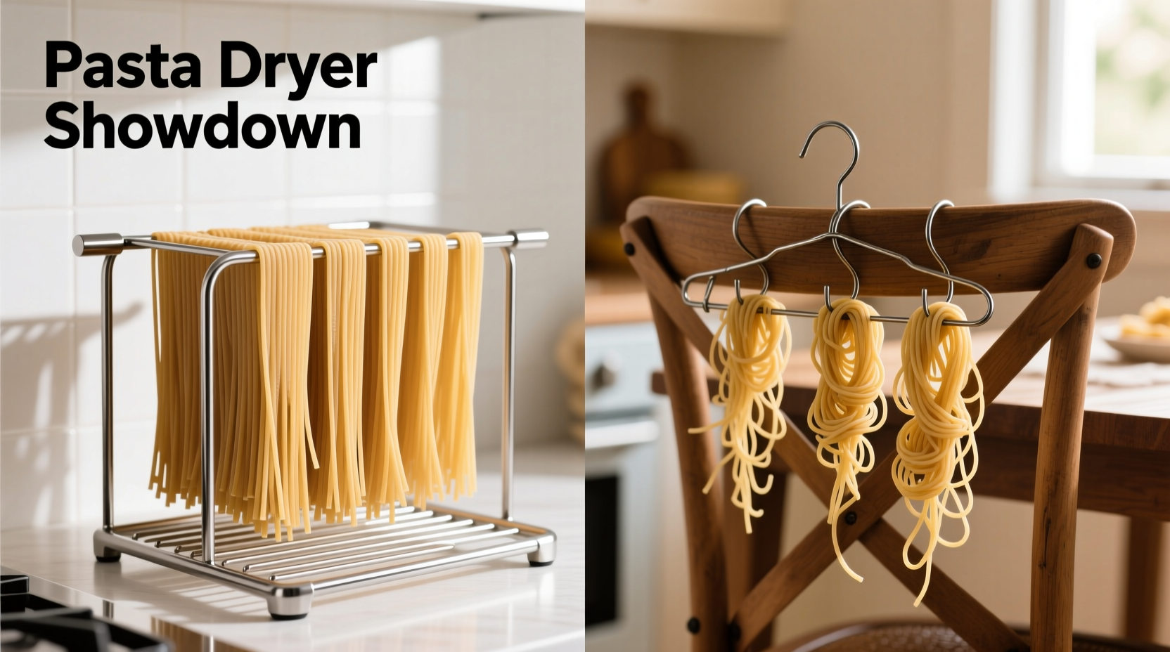 Side-by-side comparison: stainless steel pasta drying rack with evenly spaced rods holding golden tagliatelle versus twisted wire coat hangers draped over a wooden dining chair with tangled, slightly drooping spaghetti