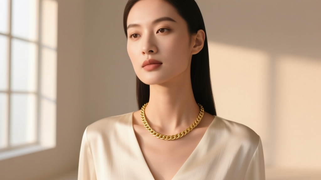 Elegant woman wearing a delicate 16-inch solid gold cable chain resting perfectly on her collarbones in soft, warm natural light