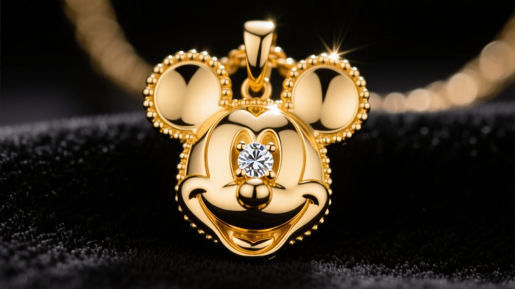 Macro shot of a 14k yellow gold Mickey Mouse head pendant featuring intricate milgrain detailing and a tiny diamond accent stone.