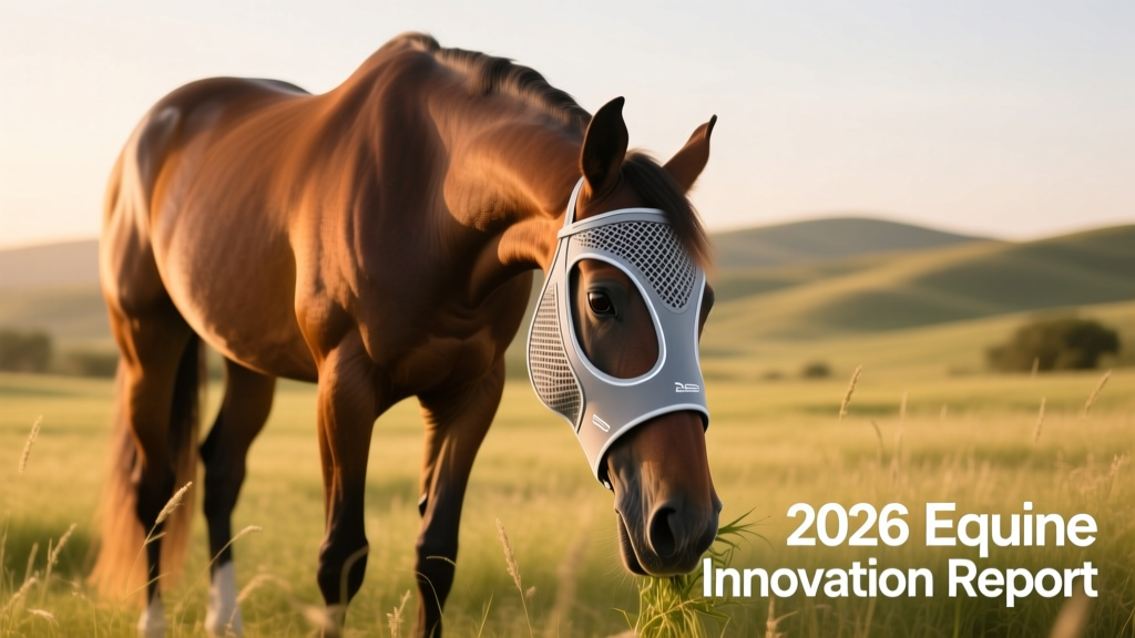 A horse wearing a modern, breathable fly mask with UV protection, grazing calmly in a sunny pasture
