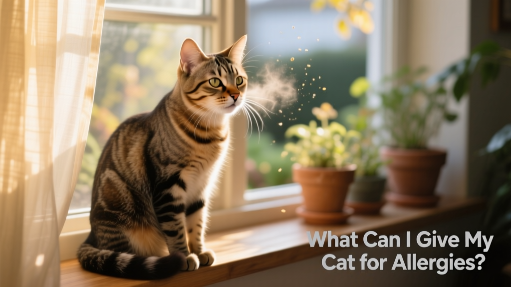 Cat sneezing gently while sitting near a sunlit window, suggesting possible seasonal environmental irritation