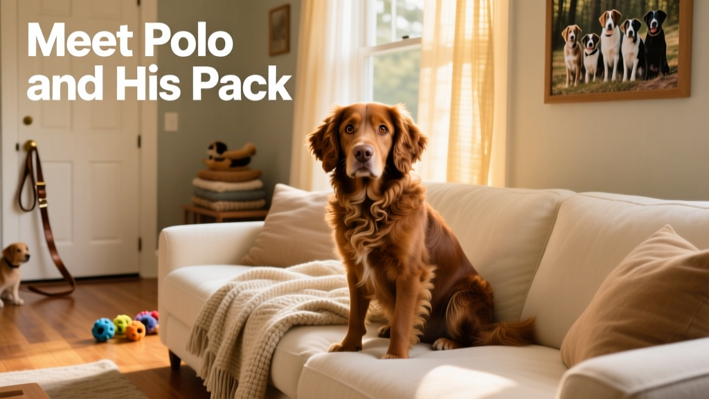 A friendly, medium-sized brown dog with expressive eyes, sitting calmly on a cozy living room sofa