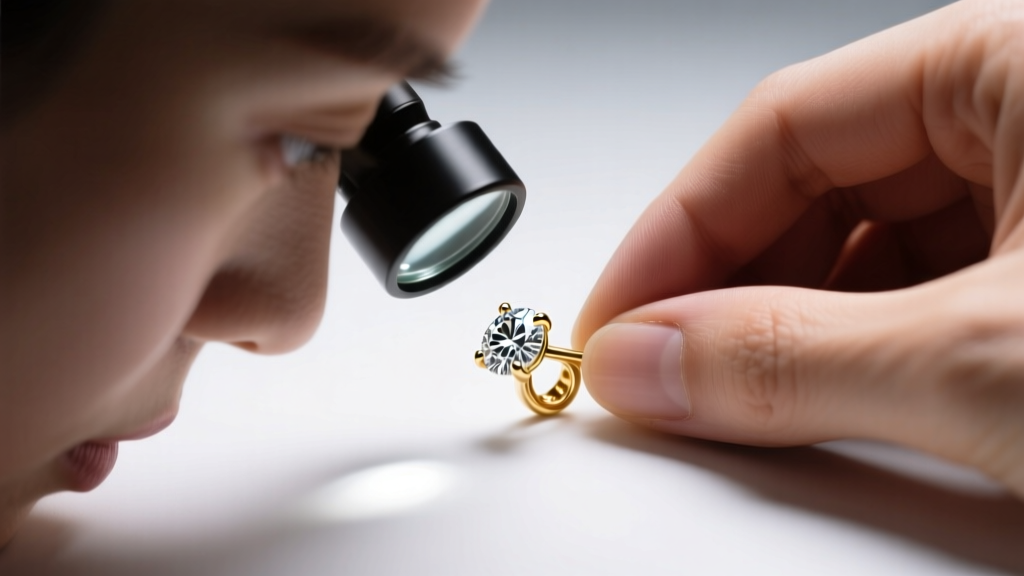Close-up of a jeweler using a 10x loupe to inspect prongs on an 18k gold diamond stud earring under bright LED lighting.