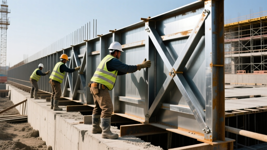 Construction workers aligning heavy-duty steel gang formwork panels with cross-bracing before a massive commercial foundation concrete pour.