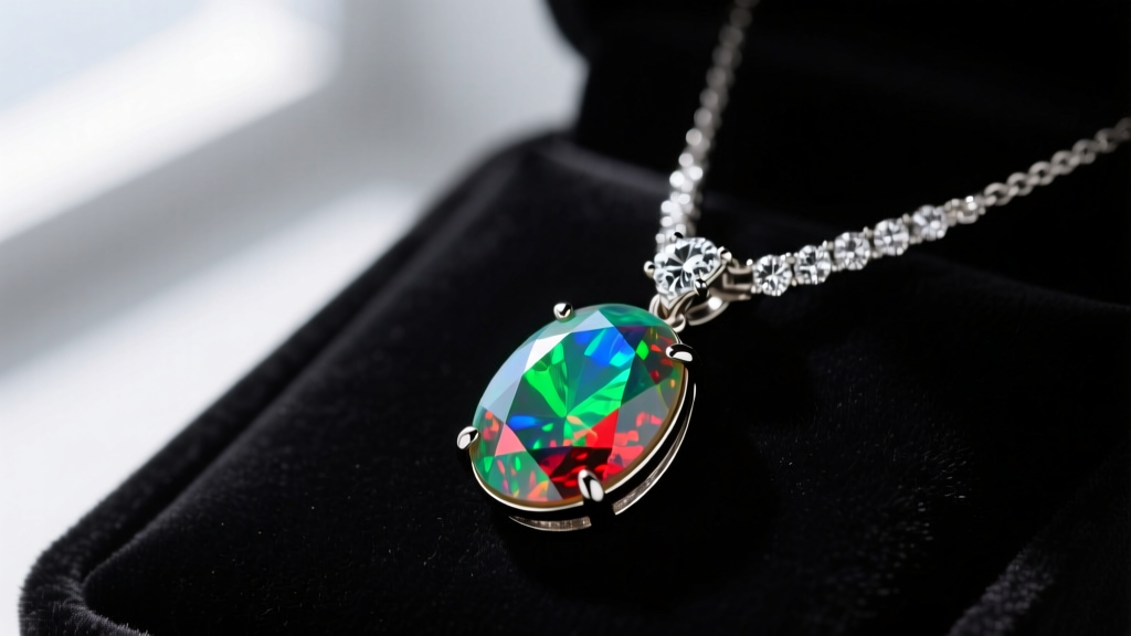 Macro shot of a solid opal and diamond necklace pendant on black velvet, highlighting vibrant green and red play-of-color.