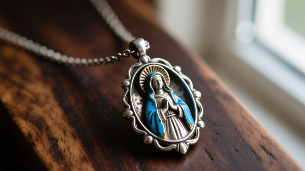 Close-up of a tarnished silver nativity necklace pendant with chipped blue enamel on the Mary figurine, resting on dark wood