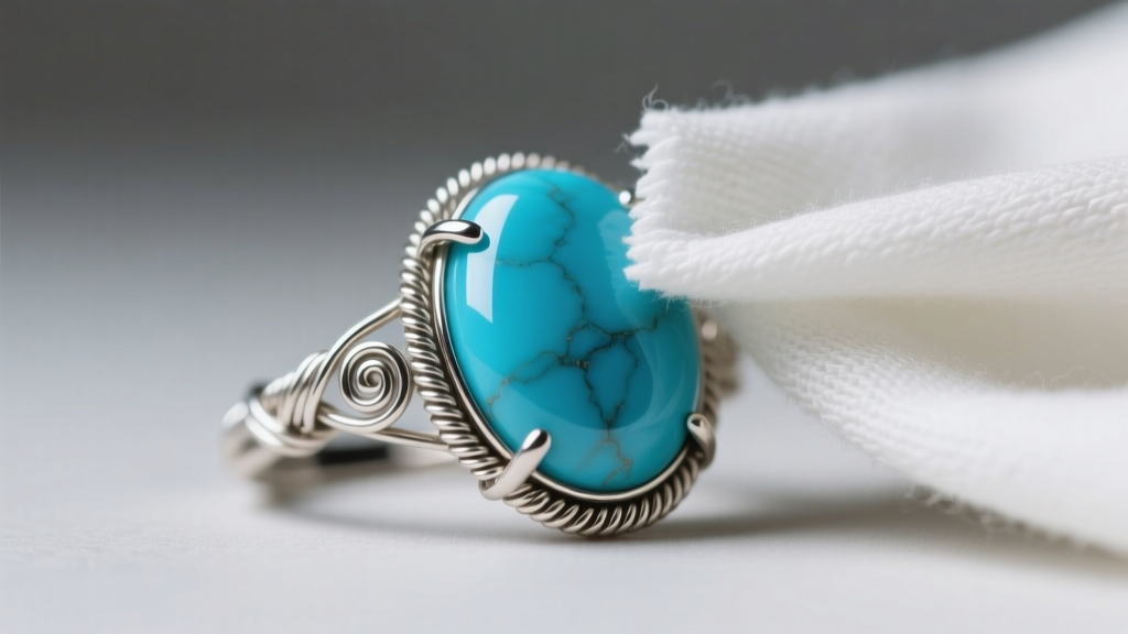 Macro shot of a wire-wrapped turquoise cabochon wiped with a soft cloth, avoiding delicate 28-gauge silver weaving wire details