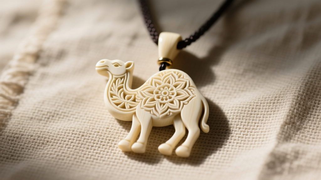 Close-up of a hand-carved camel bone pendant necklace with intricate floral mandala motifs resting on a raw linen cloth background