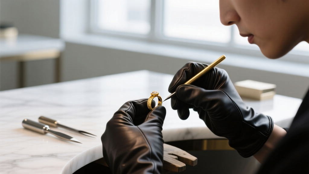 A jeweler's hands using a 10x loupe to inspect dye concentration in the pores of a suspected fake bamboo coral necklace bead.