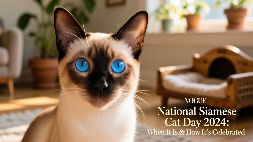A gentle close-up of a Siamese cat’s face, highlighting its vivid blue eyes and delicate facial structure