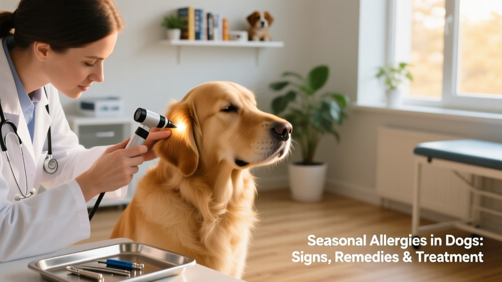 Veterinarian examining a dog’s ear during a routine checkup, using an otoscope
