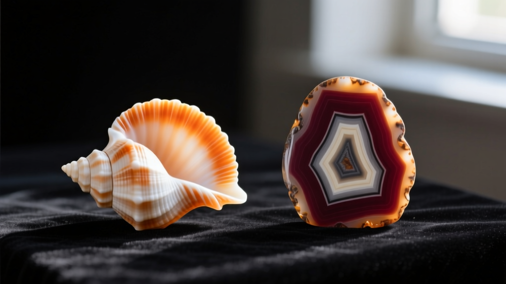 Macro shot comparing the orange and white strata of a carved shell cameo against a banded sardonyx agate cameo on dark velvet