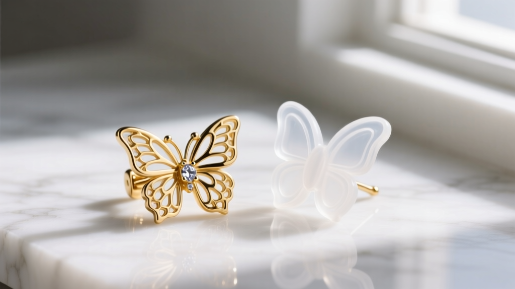 A 14k gold butterfly back earring next to a clear silicone replacement clutch on white marble, highlighting sensitive ear options.