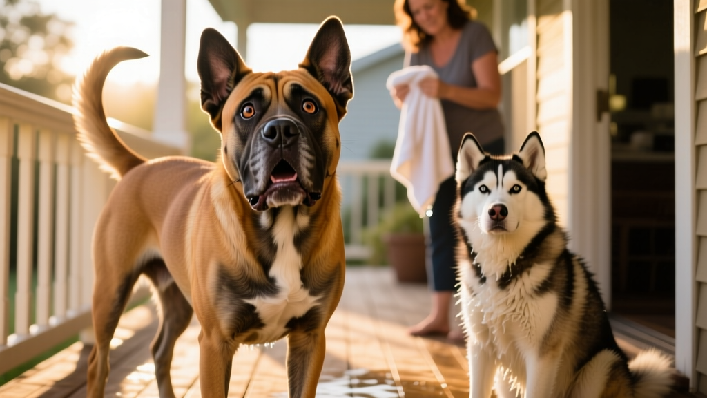 Cane Corso Hilariously Thinks Mom Replaced Husky Sister With a Different Dog After She Gets a Bath