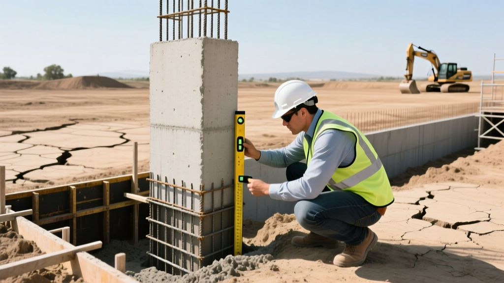 Structural engineer inspecting reinforced concrete stem wall and drilled pier foundation on expansive clay soil in Fresno construction site