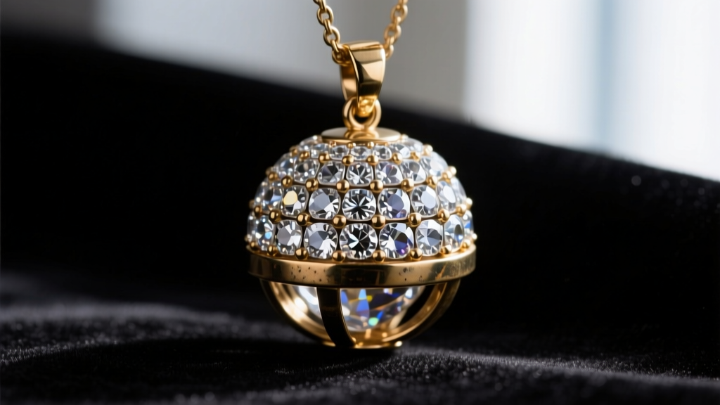 Macro shot of an authentic Vivienne Westwood orb pendant showing precise crystal paving and brass base on dark velvet.