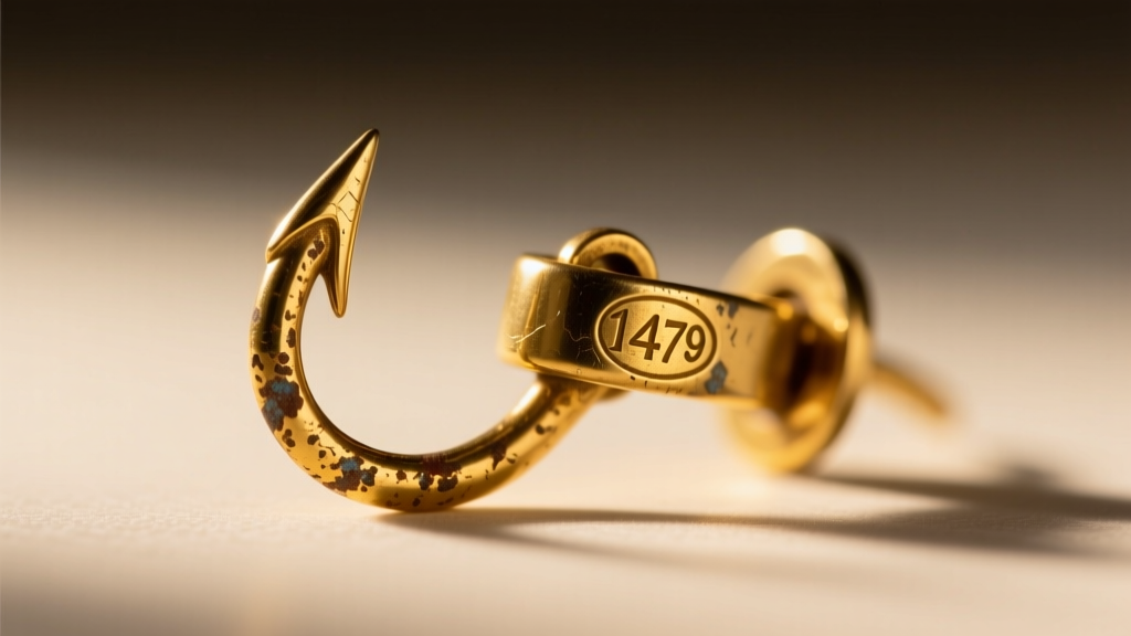 Macro shot of a vintage 1970s fishhook earring clasp showing a worn 14k gold hallmark, lit by warm directional studio lighting