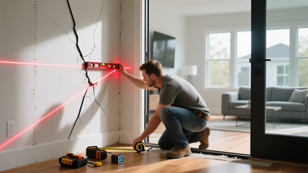 Homeowner inspecting a diagonal drywall crack near a door frame with a laser level, while a foundation repair contractor measures a slab gap outside