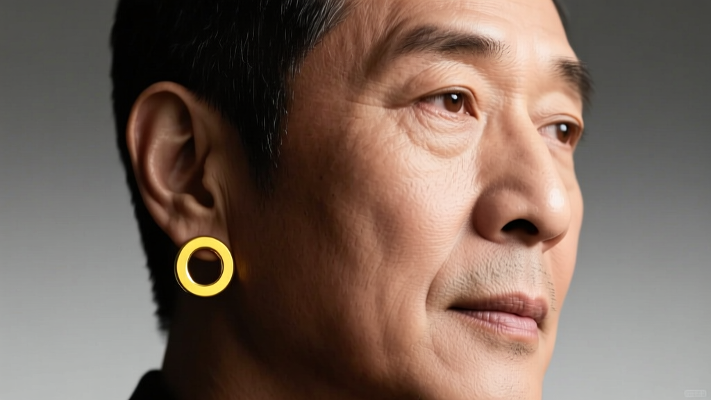 Close-up portrait of a man wearing a simple 12mm solid yellow gold sleeper hoop earring in his left ear lobe, studio lighting