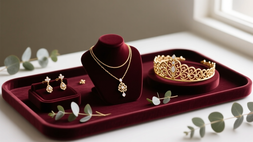 Handmade gold-filled bridal jewelry sets on velvet display trays with soft natural window lighting and small eucalyptus sprigs