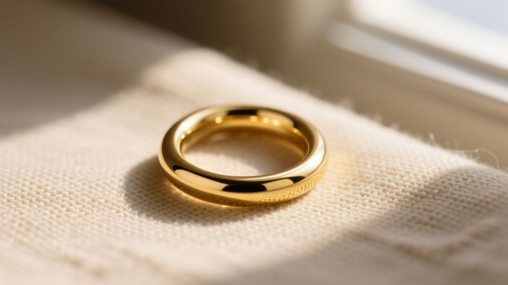 Close-up of a 14k yellow gold 5mm huggie hoop resting on soft beige linen fabric, illuminated by warm natural morning light