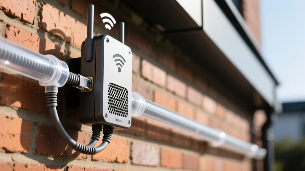 Close-up of a weatherproof outdoor Wi-Fi mesh node mounted on a brick exterior wall with UV-resistant ethernet cabling routed through conduit